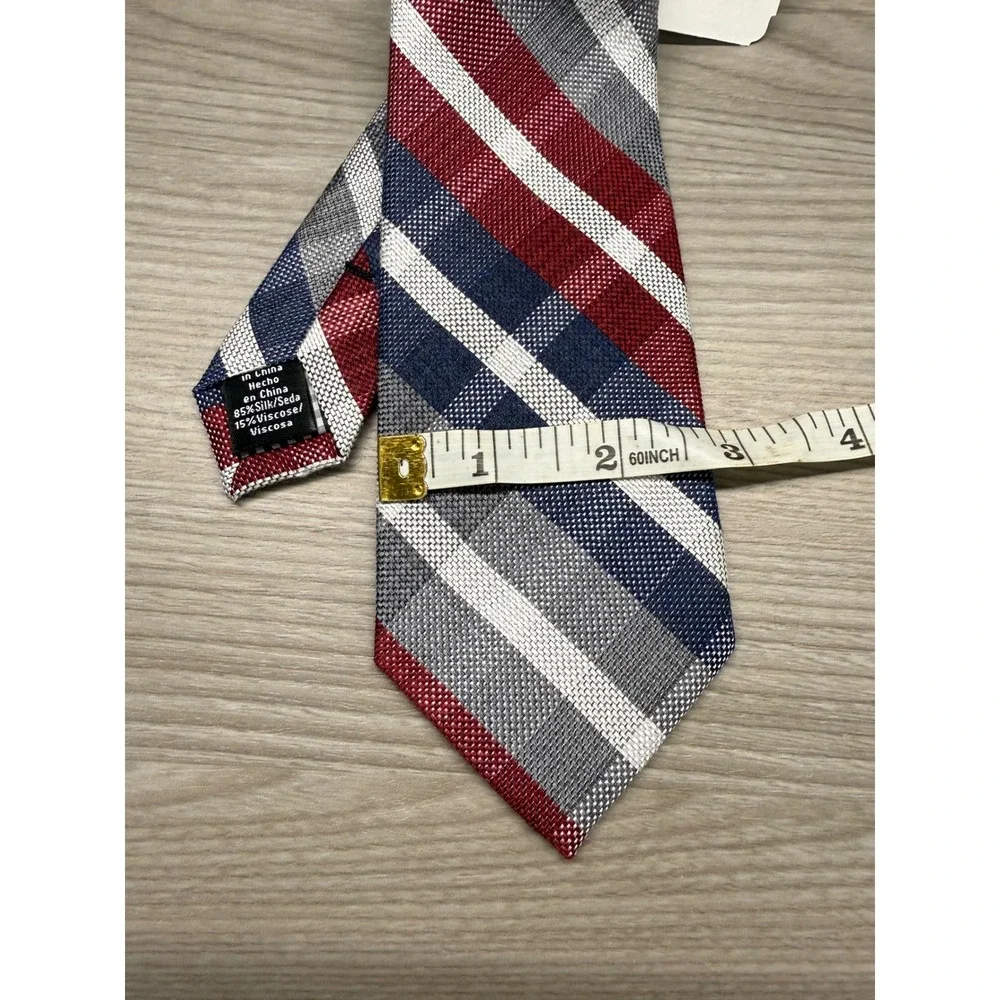 Ben Sherman Necktie Mens OS Red Blue White New Silk‎ Blend Plaid Slim Tie